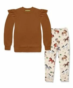 Cheap 💯 Millie Loves Lily Caramel Café Angel-Sleeve Sweatshirt & Cream Ponies & Flowers Leggings - Infant, Toddler & 👧 Girls For Kids 🎁