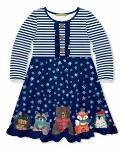 Buy 🧨 Millie Loves Lily Navy Woodland 🎅 Christmas Border Button-Front 👗 Dress - Infant, Toddler & 👧 Girls For Kids 🔥