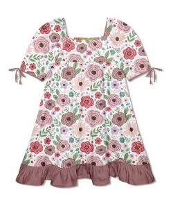 Discount 🎁 Millie Loves Lily White & Mauve Roses Puff-Sleeve Ruffle-Hem A-Line 👗 Dress - Toddler & 👧 Girls For Kids 🌟