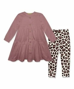 Hot Sale 🥰 Millie Loves Lily Nostalgia Rose Waffle Button-Up Tiered 👗 Dress & Simply Leopard Leggings - Infant, Toddler & 👧 Girls For Kids ❤️