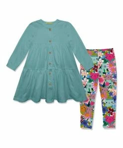 Cheapest 😍 Millie Loves Lily Nile Blue Waffle Button-Up Tiered 👗 Dress & Kitten Floral Leggings - Infant, Toddler & 👧 Girls For Kids ⌛