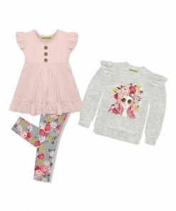 Brand new 😀 Millie Loves Lily Gray & Light Pink Flower Leggings Set - Infant, Toddler & 👧 Girls For Kids ✨