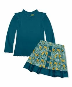 Promo ⌛ Millie Loves Lily Midnight Teal Long-Sleeve Tee & Teal Ruby Floral A-Line 👗 Skirt - Toddler & 👧 Girls For Kids 🛒