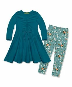 Cheap 🛒 Millie Loves Lily Teal Bow-Accent A-Line 👗 Dress & Light Teal Floral Garden Leggings - Infant, Toddler & 👧 Girls For Kids 🔥