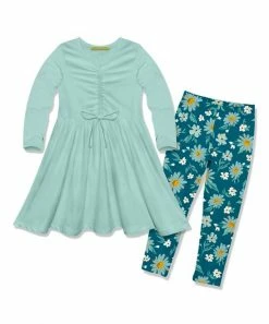 Best deal 🤩 Millie Loves Lily Mint Bow-Accent A-Line 👗 Dress & Teal Floral Fall Daisy Leggings - Infant, Toddler & 👧 Girls For Kids 🥰