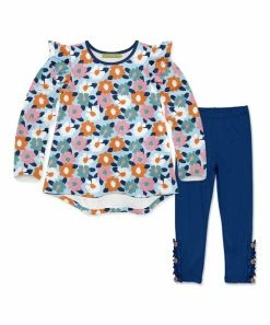 Buy 😀 Millie Loves Lily Ice Blue Painted Floral Ruffle Hi-Low Top & Navy Button Leggings - Infant, Toddler & 👧 Girls For Kids 🤩