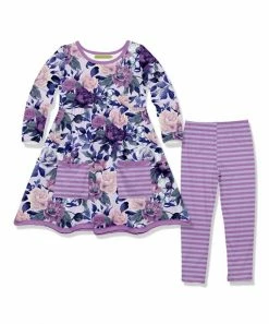 Promo 🎉 Millie Loves Lily Purple Fame Floral A-Line 👗 Dress & Lilac Stripe Leggings - Infant, Toddler & 👧 Girls For Kids 💯