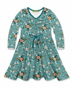 Discount 🎉 Millie Loves Lily Peach & Nile Blue Floral Garden Bow-Accent Long-Sleeve A-Line 👗 Dress - Infant, Toddler & 👧 Girls For Kids ⌛