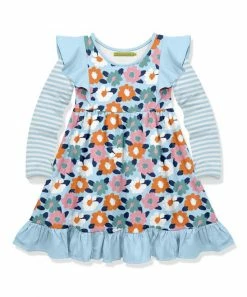 Deals ⭐ Millie Loves Lily White & Ice Blue Stripe & Painted Floral Long-Sleeve A-Line 👗 Dress - Infant, Toddler & 👧 Girls For Kids 🎁