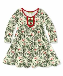 Discount 🔥 Millie Loves Lily Cream Pine Berries Button-Front A-Line 👗 Dress - 👧 Girls For Kids ❤️