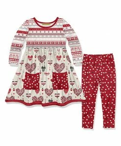 Flash Sale 🤩 Millie Loves Lily Red & Ecru Fair Isle & Dot A-Line 👗 Dress & Leggings - Toddler & 👧 Girls For Kids 😍