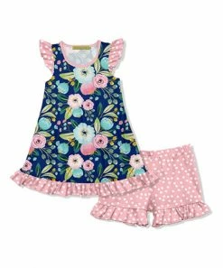 Coupon ✨ Millie Loves Lily Navy Famous Floral Angel-Sleeve Tunic & Pink Dot Ruffle Shorts - 👧 Girls For Kids 🎁