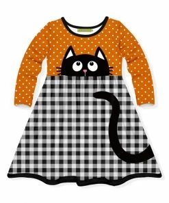 Best Sale 🌟 Millie Loves Lily Orange Dot & Black Gingham Cat A-Line 👗 Dress - 👧 Girls For Kids 😉