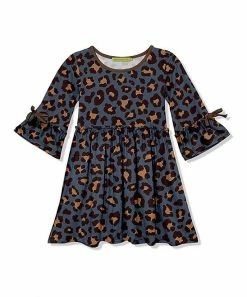 Buy 🎁 Millie Loves Lily Gray Blue Leopard Simply Skin Bell-Sleeve A-Line 👗 Dress - 👧 Girls For Kids ⌛