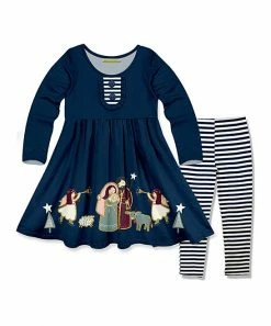 Deals 😀 Millie Loves Lily Navy Nativity Button Front A-Line 👗 Dress & Stripe Leggings - Toddler For Kids ✔️