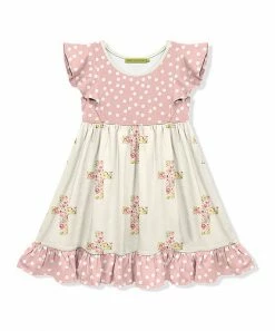 Best Pirce 🔥 Millie Loves Lily Pink & Cream Polka Dot Crosses & Roses Angel-Sleeve 👗 Dress - Toddler For Kids 🔔