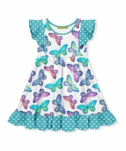 Outlet 🎁 Millie Loves Lily White & Turquoise Beautiful Butterfly Angel-Sleeve A-Line 👗 Dress - Toddler & 👧 Girls For Kids 💯