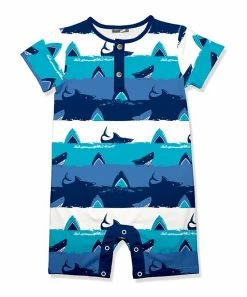 Flash Sale 🤩 Little Millie Ocean Blue Stripe Shark Button-Front Romper - Infant For Kids 🥰