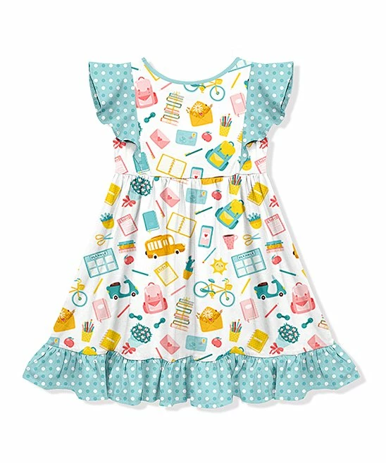 Best Pirce 𧨠Millie Loves Lily Turquoise & White School Bag Ruffle Angel-Sleeve π Dress - π§ Girls For Kids β¨ 2 Best Pirce 𧨠Millie Loves Lily Turquoise & White School Bag Ruffle Angel-Sleeve π Dress - π§ Girls For Kids β¨ - Image 2