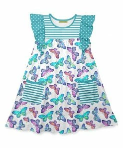 Flash Sale 👏 Millie Loves Lily Turquoise Stripe Butterfly Pocket Angel-Sleeve 👗 Dress - 👧 Girls For Kids ⌛