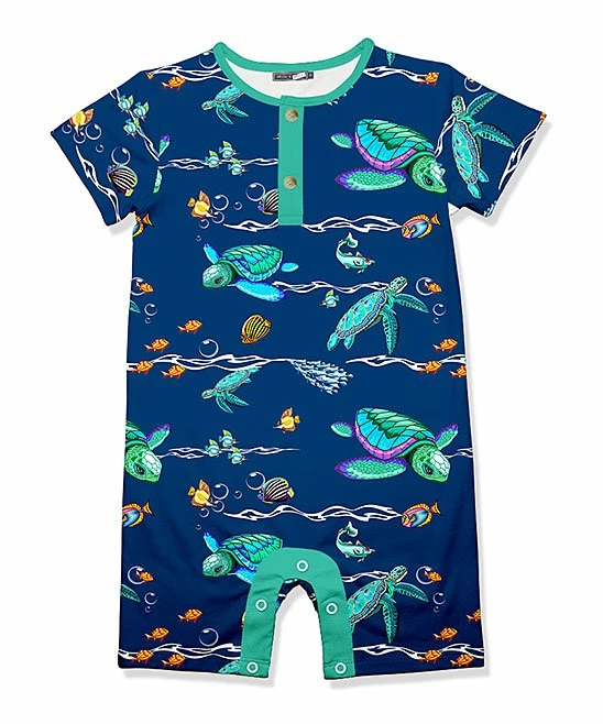 Hot Sale π Little Millie Navy & Turquoise Turtle Button-Front Romper - Infant For Kids π 1 Hot Sale π Little Millie Navy & Turquoise Turtle Button-Front Romper - Infant For Kids π