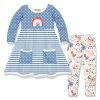 Best Sale 😉 Millie Loves Lily Dusty Blue Stripe Pocket A-Line 👗 Dress & Daydream Unicorn Leggings - Toddler & 👧 Girls For Kids 🧨