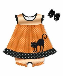 Discount 🔔 Little Millie Black & Orange 🦇 Halloween Cat 👗 Skirted Bubble Bodysuit & Bow Hair Clip - Infant For Kids 😍