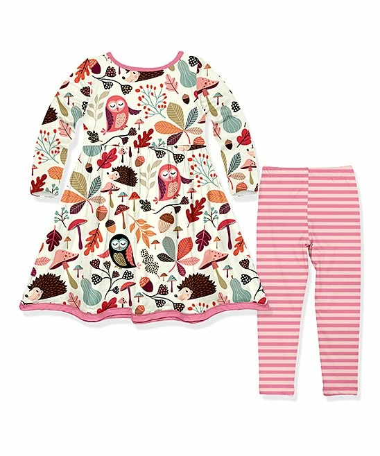 Outlet 😍 Millie Loves Lily Ecru Birds & Leaves Front-Pocket A-Line 👗 Dress & Stripe Leggings - Infant, Toddler & 👧 Girls For Kids 🎉 2 Outlet 😍 Millie Loves Lily Ecru Birds & Leaves Front-Pocket A-Line 👗 Dress & Stripe Leggings - Infant, Toddler & 👧 Girls For Kids 🎉 - Image 2