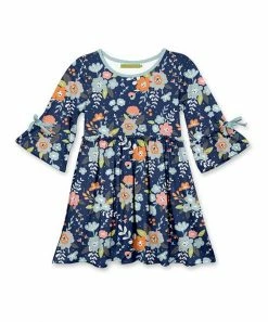 New 🔔 Millie Loves Lily Navy Tiffany Floral Bow Bell-Sleeve A-Line 👗 Dress - Toddler For Kids 🌟