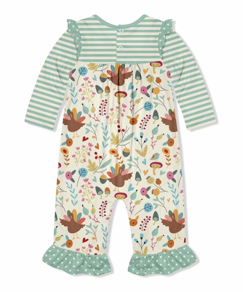 Cheapest π Little Millie Light Green & Ecru Turkey Day Ruffle-Trim Playsuit - Infant For Kids β€οΈ 2 Cheapest π Little Millie Light Green & Ecru Turkey Day Ruffle-Trim Playsuit - Infant For Kids β€οΈ - Image 2