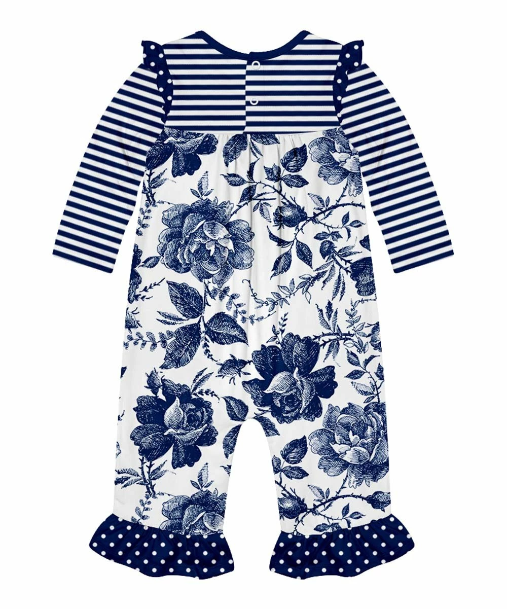 Wholesale 𧨠Little Millie Navy & White Floral Toile & Stripe Ruffle-Trim Playsuit - Infant & Toddler For Kids π₯ 2 Wholesale 𧨠Little Millie Navy & White Floral Toile & Stripe Ruffle-Trim Playsuit - Infant & Toddler For Kids π₯ - Image 2