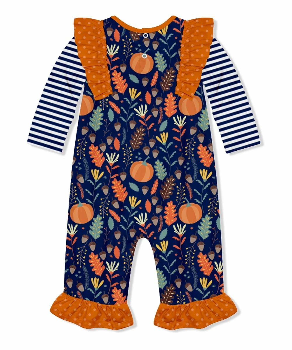 Flash Sale π Little Millie Navy πͺ Thanksgiving Leaves Ruffle-Trim Playsuit - Infant For Kids π€© 2 Flash Sale π Little Millie Navy πͺ Thanksgiving Leaves Ruffle-Trim Playsuit - Infant For Kids π€© - Image 2