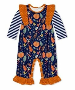 Flash Sale 😍 Little Millie Navy 👪 Thanksgiving Leaves Ruffle-Trim Playsuit - Infant For Kids 🤩