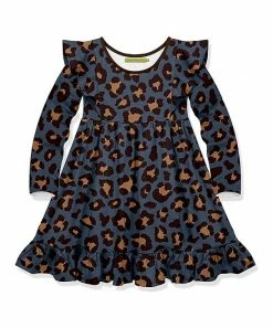 Best Pirce 🌟 Millie Loves Lily Gray Blue Leopard Long-Sleeve Angel-Sleeve 👗 Dress - Toddler & 👧 Girls For Kids 🥰