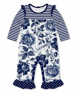 Promo 🌟 Little Millie Navy Stripe & Toile Floral Ruffle-Trim Playsuit - Infant & Toddler For Kids ❤️