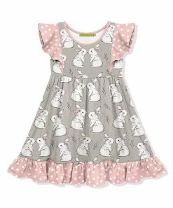 Outlet 🎉 Millie Loves Lily Gray & Pink Bunny Polka Dot Angel-Sleeve A-Line 👗 Dress - Toddler & 👧 Girls For Kids 😍