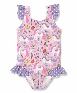 Coupon ⌛ Millie Loves Lily Pink Darling Unicorn Ruffle-Accent One-Piece - Toddler & 👧 Girls For Kids 👍