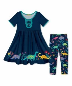Brand new 🎁 Millie Loves Lily Navy Dinosaur Button-Front A-Line 👗 Dress & Turquoise Dinosaur Leggings - Toddler & 👧 Girls For Kids ✔️