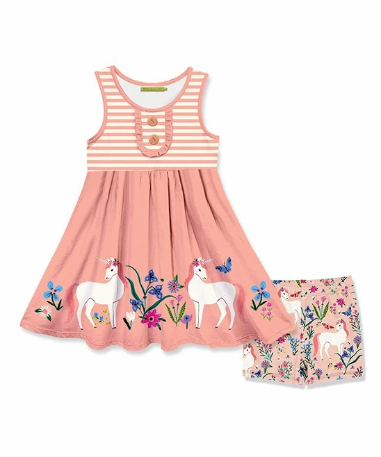 Flash Sale β Millie Loves Lily Peach Unicorn Garden Button-Front A-Line π Dress & Shorts - π§ Girls For Kids π 1 Flash Sale β Millie Loves Lily Peach Unicorn Garden Button-Front A-Line π Dress & Shorts - π§ Girls For Kids π