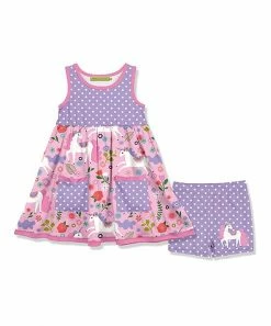Budget 🔥 Millie Loves Lily Pink Unicorn Sleeveless A-Line 👗 Dress & Purple Polka Dot Shorts - 👧 Girls For Kids ✔️