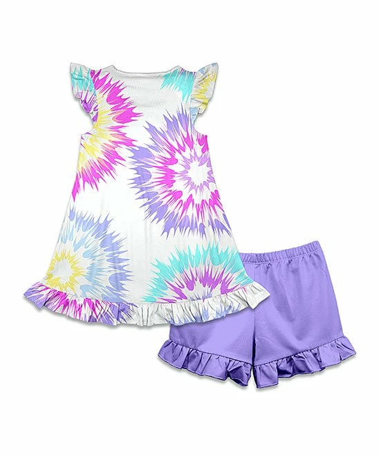 Flash Sale β Millie Loves Lily White Tie-Dye Angel-Sleeve Top & Purple Ruffle Shorts - Toddler & π§ Girls For Kids π 2 Flash Sale β Millie Loves Lily White Tie-Dye Angel-Sleeve Top & Purple Ruffle Shorts - Toddler & π§ Girls For Kids π - Image 2