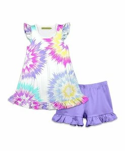 Flash Sale ⭐ Millie Loves Lily White Tie-Dye Angel-Sleeve Top & Purple Ruffle Shorts - Toddler & 👧 Girls For Kids 🔔