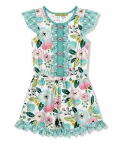 Deals 🧨 Millie Loves Lily Turquoise & Pink Famous Floral Ruffle-Trim Button-Front Romper - 👧 Girls For Kids 🔥