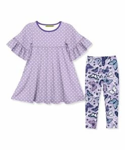 Best Pirce 👏 Millie Loves Lily Purple Polka Dot Ruffle-Sleeve 👗 Dress & Purple Butterfly Leggings - 👧 Girls For Kids ✨
