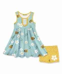 Budget 😉 Millie Loves Lily Mint Buzzy Bee Button A-Line 👗 Dress & Yellow Polka Dot Shorts - 👧 Girls For Kids ❤️