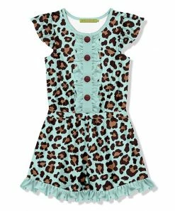 Promo 💯 Millie Loves Lily Mint & Brown Leopard Button-Accent Ruffle-Trim Romper - 👧 Girls For Kids 🔥