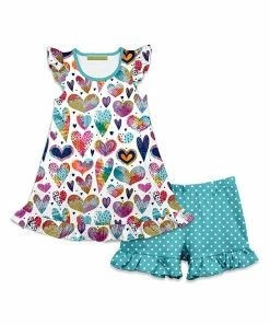 Outlet 😍 Millie Loves Lily White Tie-Dye Heart Angel-Sleeve Tunic & Teal Polka Dot Shorts - 👧 Girls For Kids ❤️