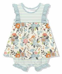 New 🛒 Little Millie Cream Stripe Tiffany Floral 👗 Skirted Bubble Romper - Infant & Toddler For Kids 🌟