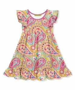 Flash Sale ✔️ Millie Loves Lily Pink & Yellow Paisley Floral Angel-Sleeve A-Line 👗 Dress - 👧 Girls For Kids ⌛