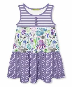 Flash Sale 🛒 Millie Loves Lily Purple Stripe & Sea World Color Block Sleeveless A-Line 👗 Dress - 👧 Girls For Kids 👏